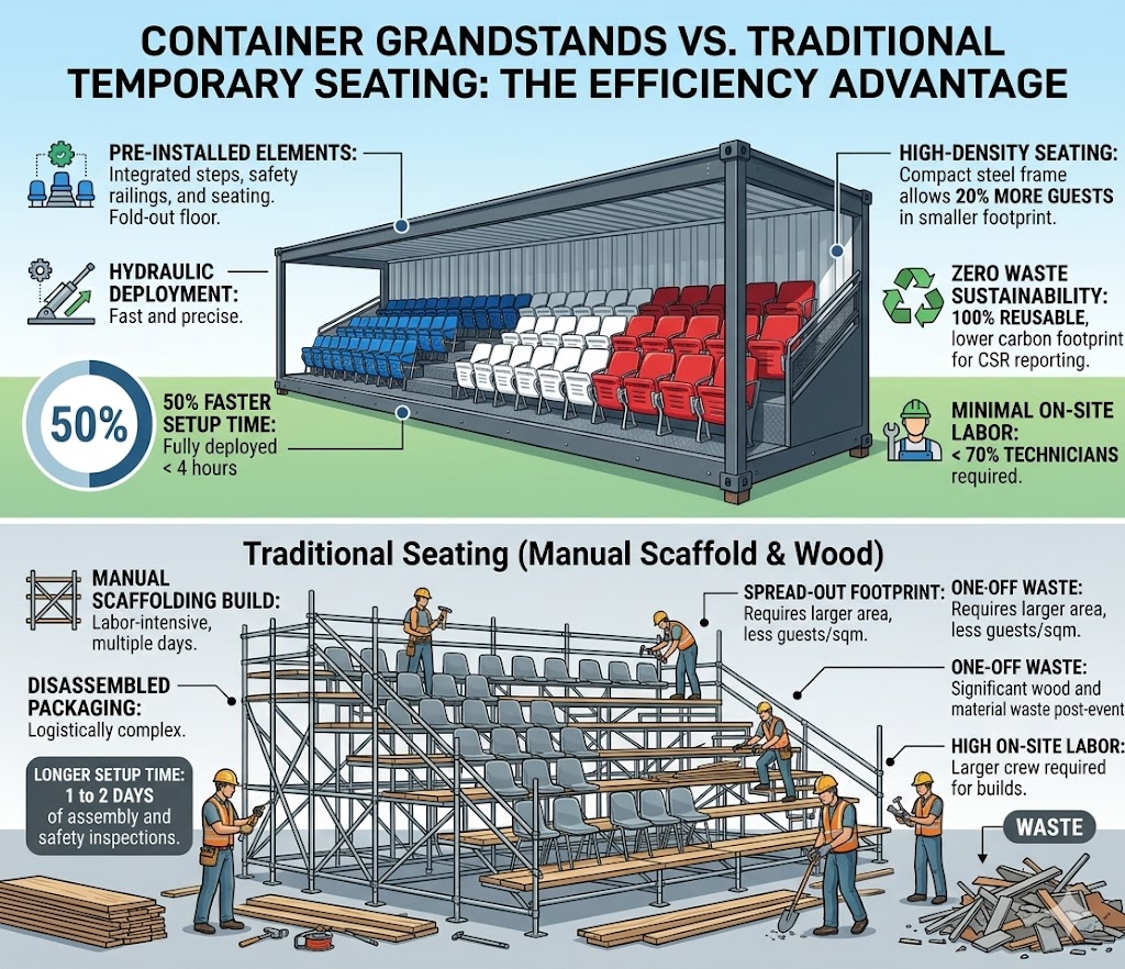 container grandstand vs traditional grandstand data difference