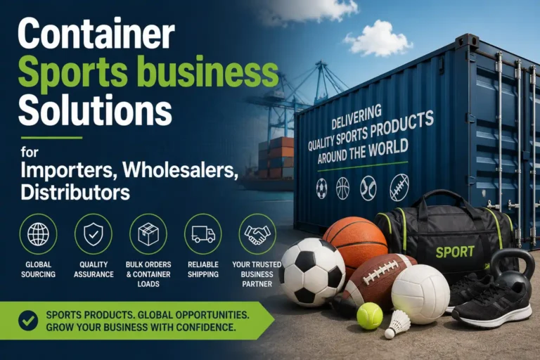 Рекламный графический материал для "Container Sports Business Solutions": на заднем плане изображен синий морской контейнер, на переднем — разнообразный спортивный инвентарь, включая футбольный, баскетбольный, американский футбольный, волейбольный, теннисный мячи, волан для бадминтона, спортивную сумку и гирю. На контейнере нанесен текст: "Доставляем качественные спортивные товары по всему миру". Графика выделяет такие бизнес-услуги, как "Глобальный поиск поставщиков", "Контроль качества", "Оптовые заказы и контейнерные партии", "Надежная доставка" и "Ваш надежный деловой партнер", с завершающим слоганом: "Спортивные товары. Глобальные возможности. Развивайте свой бизнес с уверенностью"."
