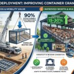 Processus d’installation des gradins en conteneurs montrant le levage par grue des unités modulaires améliorant la valeur des gradins en conteneurs