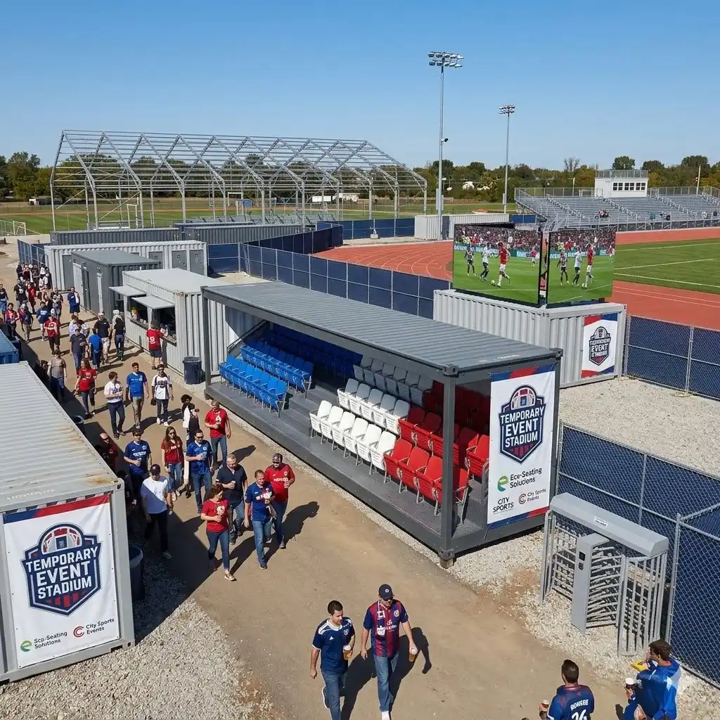 Container grandstand application in temporary stadium using modular seating solution