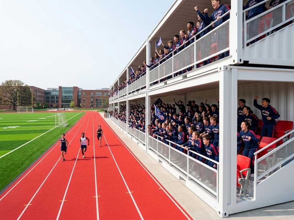 Container grandstand application in school sports facility modular seating system