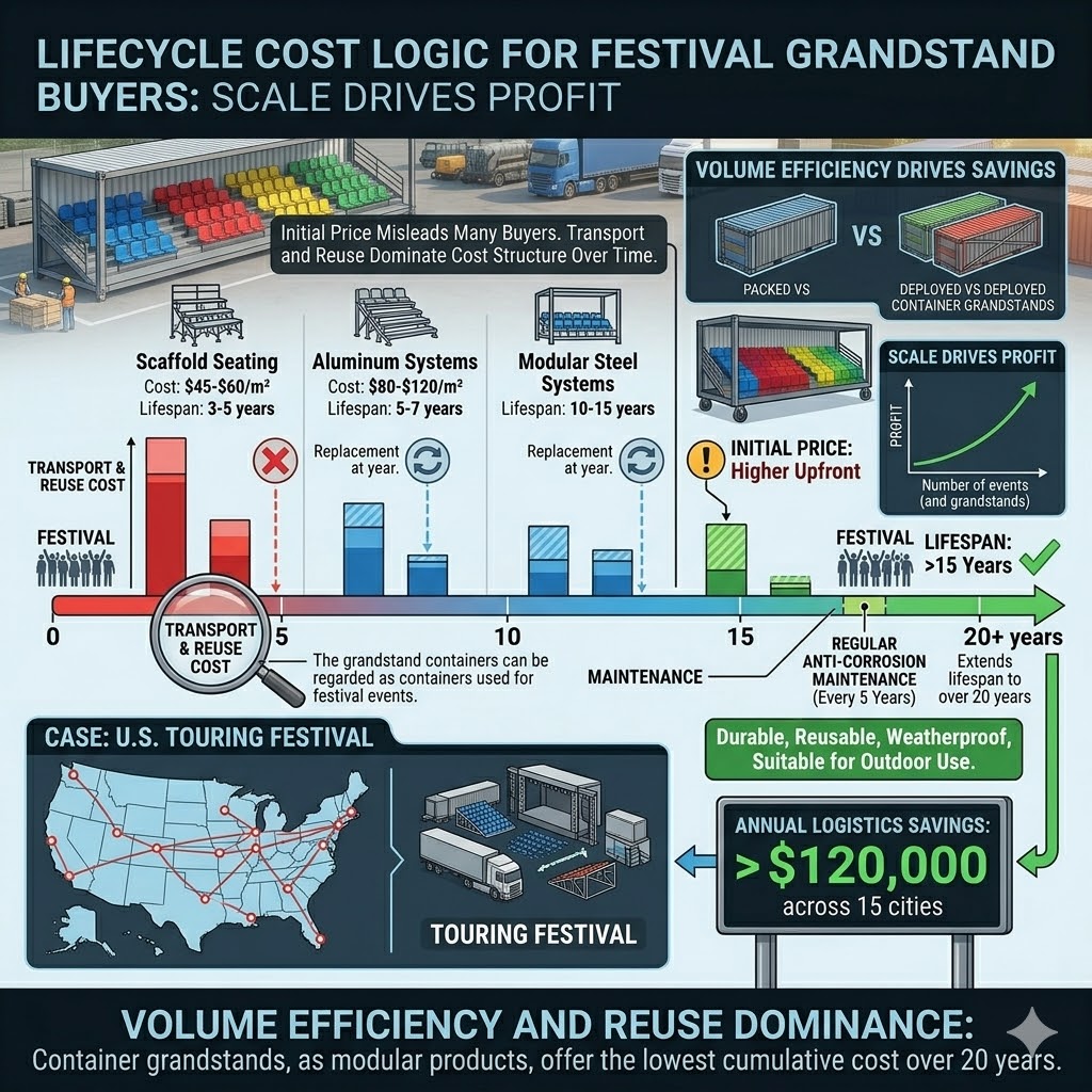 This chart compares the cost and durability of traditional grandstand systems with container grandstand systems over a 20-year period. Its core argument is that while container systems have a higher initial price, their long-term cumulative cost is the lowest due to their extremely high transport efficiency and durability over 20 years.
