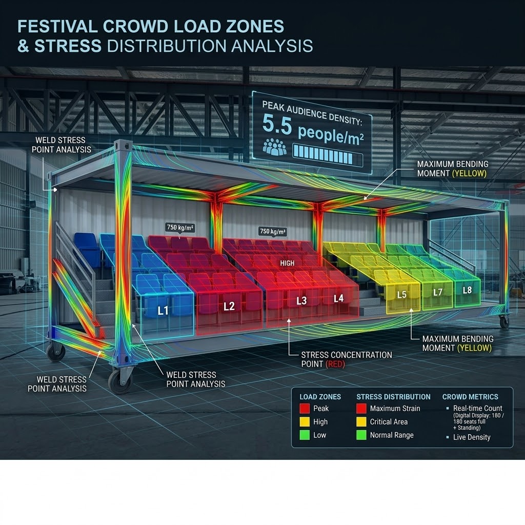 Grandstand for festival crowd load zones and stress distribution under peak audience density