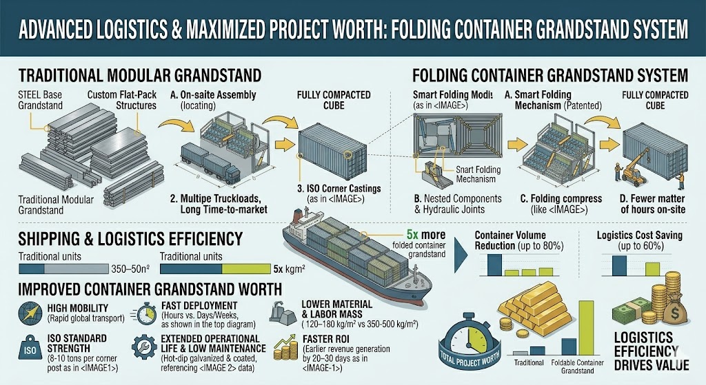 container grandstand folding and shipping configuration showing high logistics efficiency container grandstand worth