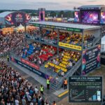 An infographic titled "Modular Steel Grandstand Lifecycle Economics" showcasing a two-story containerized seating structure at an outdoor music festival. The main image shows a large crowd facing a stage, with a modular grandstand in the foreground featuring multi-colored seating (blue, red, and yellow) and safety signage.
