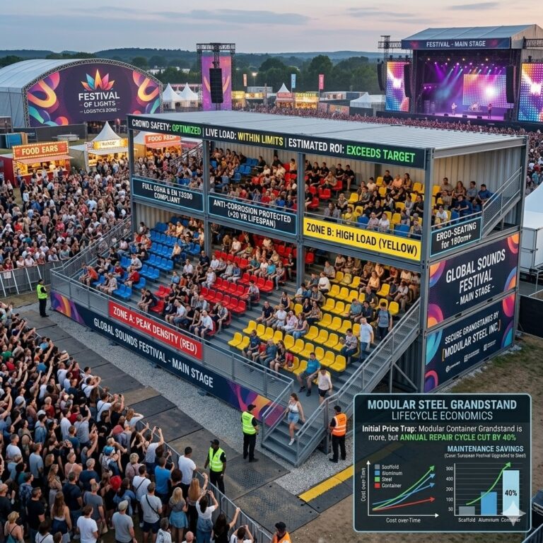 Um infográfico intitulado "Economia do Ciclo de Vida da Arquibancada Modular de Aço" mostrando uma estrutura de assentos containerizada de dois andares em um festival de música ao ar livre. A imagem principal mostra uma grande multidão de frente para um palco, com uma arquibancada modular em primeiro plano apresentando assentos multicoloridos (azul, vermelho e amarelo) e sinalização de segurança.
