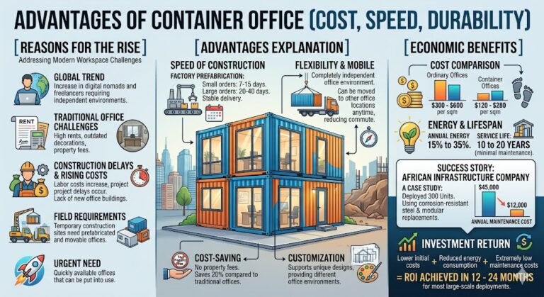 Motivos para o crescimento: A mudança é impulsionada por desafios modernos, incluindo o aumento dos nômades digitais, os altos aluguéis tradicionais e os custos crescentes de construção. Os escritórios container atendem à necessidade urgente de espaços de trabalho rapidamente implantáveis e móveis para requisitos de campo. Principais vantagens: O gráfico destaca a Velocidade de Construção, observando que a pré-fabricação em fábrica leva apenas 7 a 40 dias. Também enfatiza a Flexibilidade e Mobilidade, permitindo que os escritórios sejam realocados facilmente. Essas unidades oferecem economia significativa de custos, ausência de taxas de propriedade e personalização total para suportar designs exclusivos. Benefícios econômicos: Economicamente, os escritórios container são altamente eficientes, custando entre $120 e $280 por metro quadrado — menos da metade do preço de escritórios comuns. Oferecem economia anual de energia de 15% a 35% e uma vida útil de 10 a 20 anos. Retorno do investimento: Um caso de sucesso destacado mostra uma redução no custo de manutenção de $45.000 para $12.000 anualmente. Por fim, o infográfico conclui que o ROI (Retorno sobre o Investimento) é tipicamente alcançado dentro de 12 a 24 meses para implantações em larga escala.