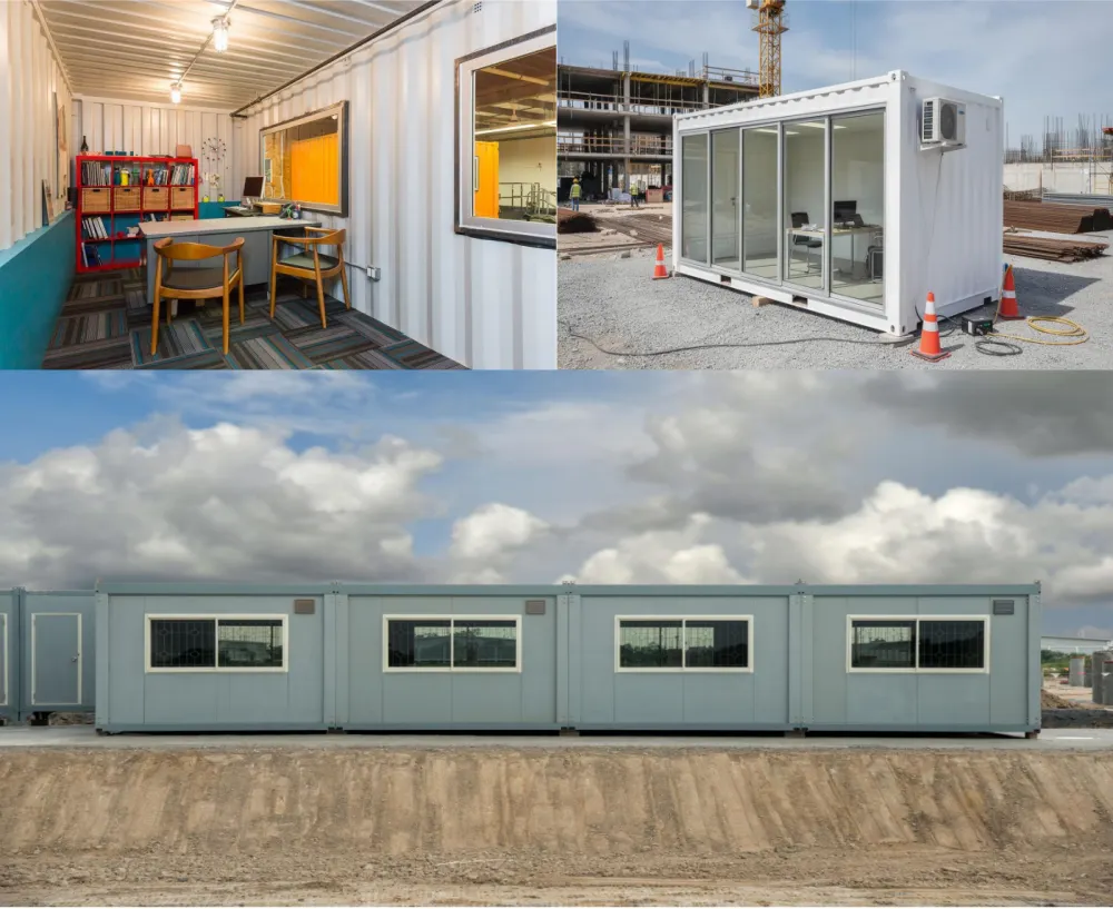 Este conjunto de imágenes muestra la versatilidad de la arquitectura de oficinas contenedor de envío, centrándose específicamente en su conversión en espacios de oficina funcionales y modernos para sitios de construcción o entornos industriales.