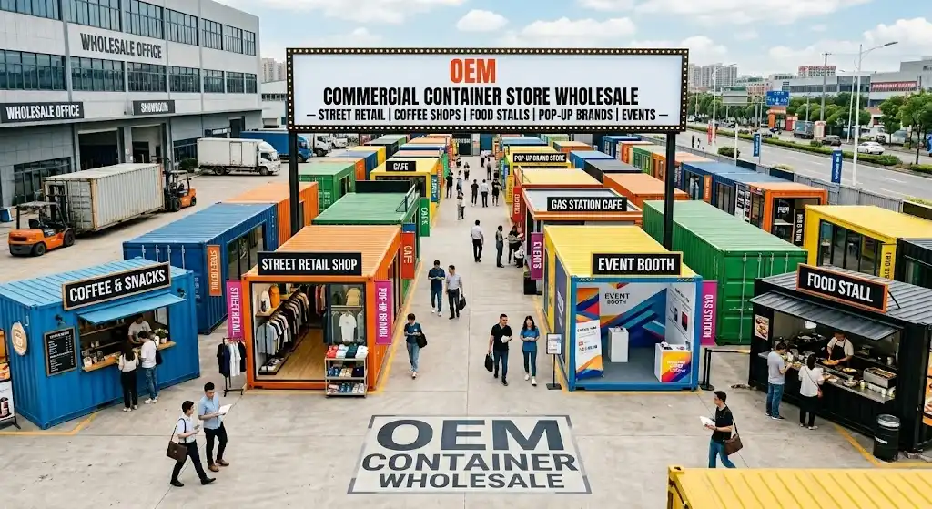 An aerial wide shot of a vibrant outdoor marketplace featuring various colorful shipping containers repurposed into functional commercial spaces, such as a "Coffee & Snacks" shop, a "Street Retail" clothing boutique, and an "Event Booth," with the central signage highlighting "OEM Commercial Container Store Wholesale" to showcase versatile modular building applications.