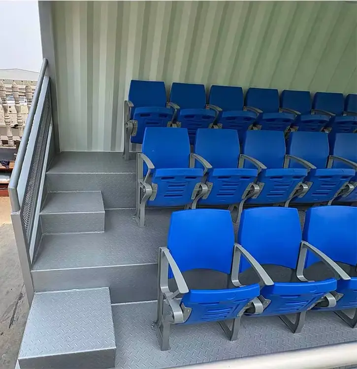 The photo highlights a compact, durable, and industrial-style seating solution, likely used for small stadiums, temporary event spaces, or VIP viewing areas.
