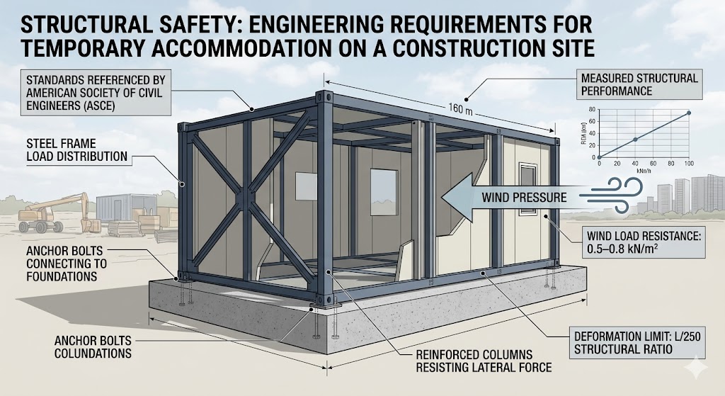 Wind resistant steel structure of temporary accommodation on a construction site with anchored foundation system