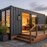 a modern, high-end container office situated in a professionally landscaped outdoor setting.