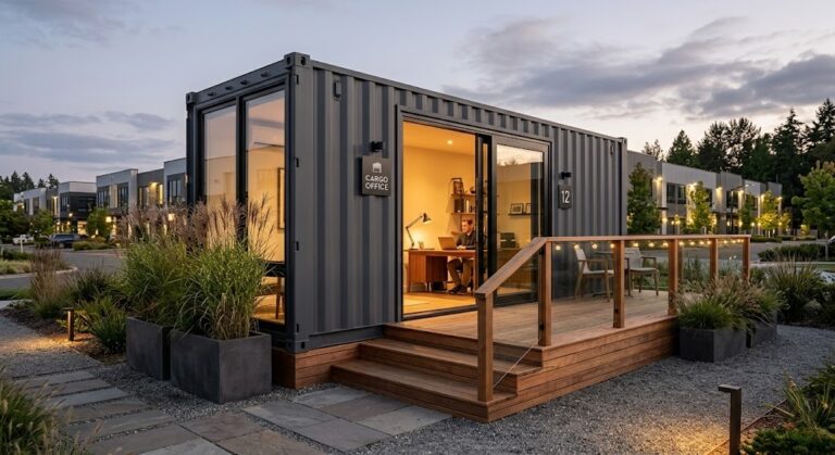 Um escritório container moderno e de alto padrão, situado em um ambiente externo com paisagismo profissional.