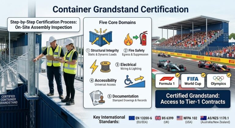 Dois inspetores de segurança na construção, com capacetes de proteção e coletes de alta visibilidade, examinam uma bancada modular de contentores de transporte num estádio de autódromo durante um processo de certificação de segurança no local