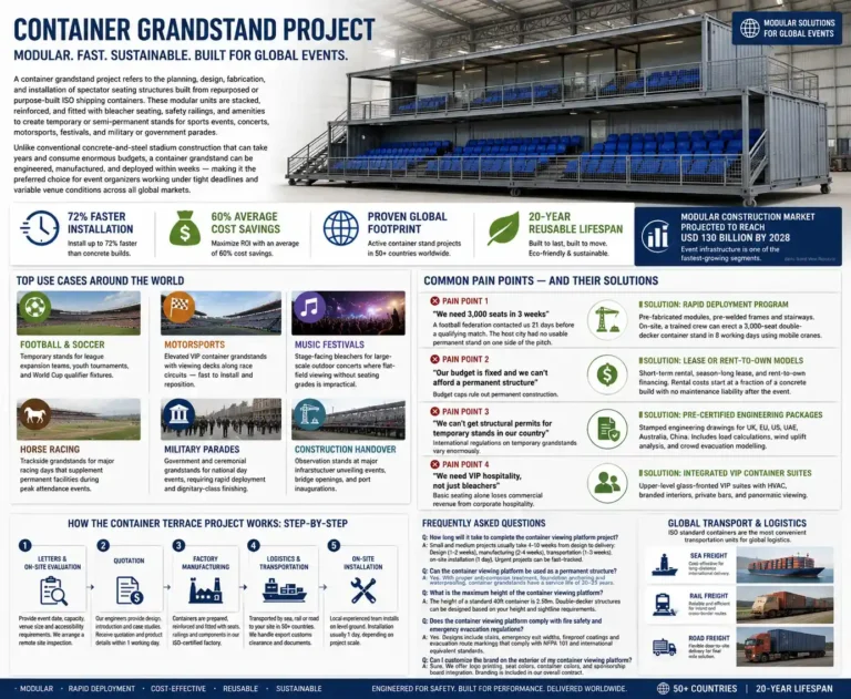 1. O Que É um Projeto de Arquibancada em Contêiner? Um projeto de arquibancada em contêiner refere-se ao planejamento, design, fabricação e instalação de estruturas de assentos para espectadores construídas a partir de contêineres ISO reaproveitados ou construídos para esse fim. Essas unidades modulares são empilhadas, reforçadas e equipadas com assentos de arquibancada, corrimãos de segurança e comodidades para criar arquibancadas temporárias ou semipermanentes para eventos esportivos, concertos, automobilismo, […].