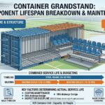 This infographic explains that a container grandstand has a two-tier lifespan: the structural steel frame lasts 25 to 30 years, while the seating system wears faster and requires refurbishment every 10 to 15 years. Essentially, buyers should budget for a long-term frame that will outlast one or two seating cycles, relying on proper drainage, routine inspections, and rain covering to reach its maximum service life.