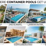 Container Pool Application: This informative infographic showcases the versatility and utility of container pools across various applications and settings. The visual is divided into specific sections, each with a detailed description and illustrative image: