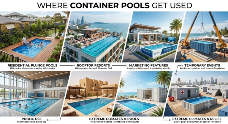 Aplicação de Piscinas de Contêineres: Este infográfico informativo demonstra a versatilidade e utilidade das piscinas de contêineres em diversas aplicações e ambientes. O visual é dividido em seções específicas, cada uma com uma descrição detalhada e uma imagem ilustrativa.