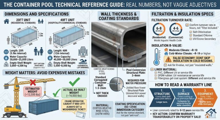 Cette infographie technique complète de référence pour les piscines en conteneurs maritimes fournit des spécifications basées sur des données chiffrées, afin de guider les acheteurs vers des décisions éclairées à l’aide de chiffres réels, plutôt que de termes marketing vagues. Elle présente les dimensions précises, les capacités en eau et les poids pour les unités résidentielles standard de 20 pieds et les unités commerciales de 40 pieds, en soulignant l’importance cruciale de vérifier le poids réel en l’état afin de prévenir les accidents dangereux de levage par grue. Sur le plan structurel, le guide oppose les parois standard de 1,5 à 2 mm des conteneurs aux plaques d’acier Corten de 3 à 4 mm nécessaires pour résister à la pression de l’eau, tout en faisant référence aux normes de revêtement ISO 12944. De plus, l’infographie détaille les taux de renouvellement essentiels de la filtration (6 à 8 heures pour le résidentiel, 4 à 6 heures pour le commercial), les valeurs d’isolation thermique (R-values) adaptées au climat, les variables des matériaux de revêtement intérieur, et fournit une répartition claire de la manière d’évaluer les garanties produit par paliers couvrant la structure, la surface et l’équipement de la piscine.